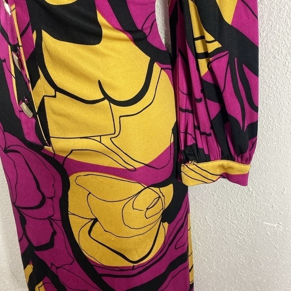 Anthropologie Yoana Baraschi Magenta Pink Yellow Black Floral Silk Shirt Dress M - Picture 9 of 14